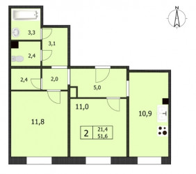 Двухкомнатная квартира 59.4 м²