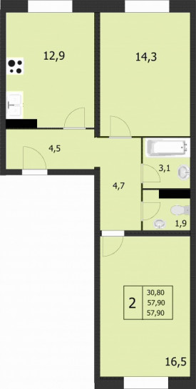 Двухкомнатная квартира 57.4 м²