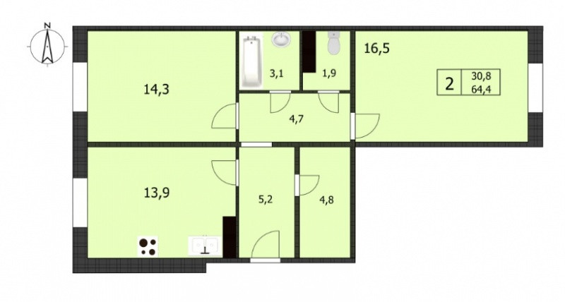 Двухкомнатная квартира 64.5 м²