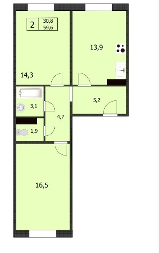 Двухкомнатная квартира 59.4 м²